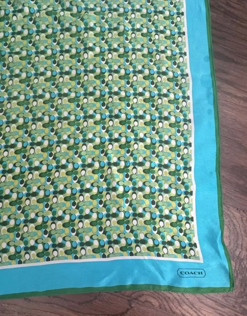 COACH Vintage Silk Scarf Geometric Mod Oval Print Blue Green Headwear